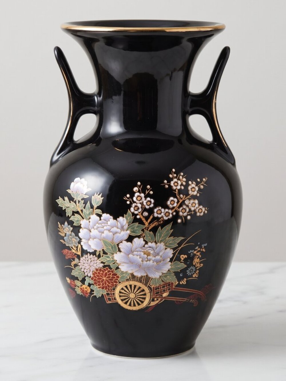 Vintage Black Japanese Floral Porcelain Vase Double Handle Gold Trim 10.5"
